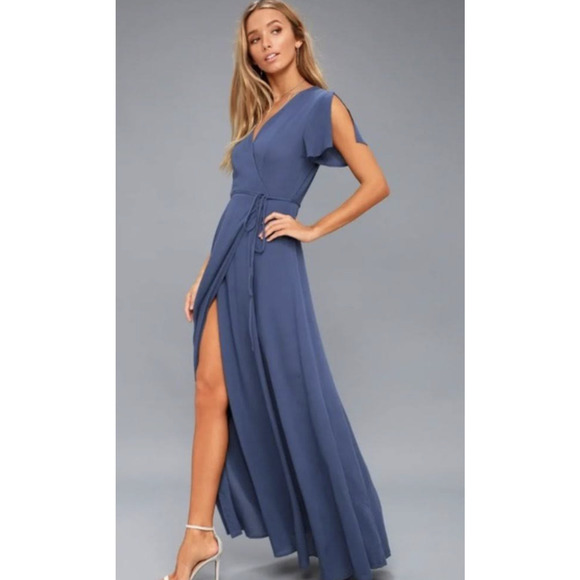 Lulus Dresses & Skirts - Lulu's Heart of Marigold Wrap Dress Size Medium Blue Maxi Rayon Split Sleeve New
